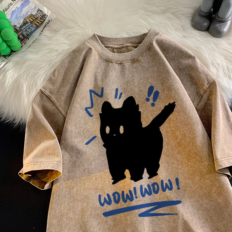 Vintage Water Washing T Shirts Wow Wow Fun Black Cat Tops Casual Hip Hop Short Sleeve Men Women Clothing Cotton Couple Tops