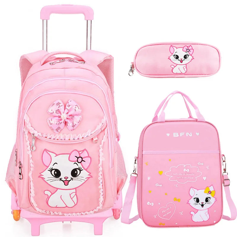 Children School backpack for Girls Cute Cat School Students Backpack For Kids Wheeled Backpack Bag Trolley School Bags On Wheels