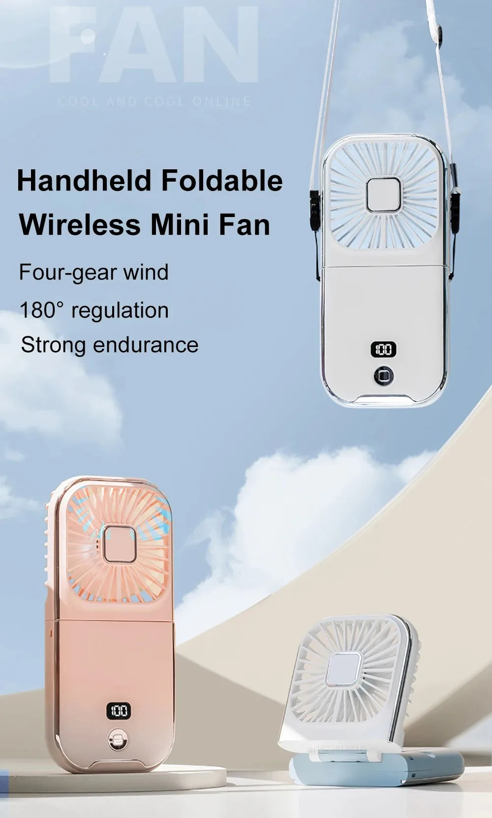 Folding handheld fan USB charging digital display outdoor mini neck hanging power bank fan，gift