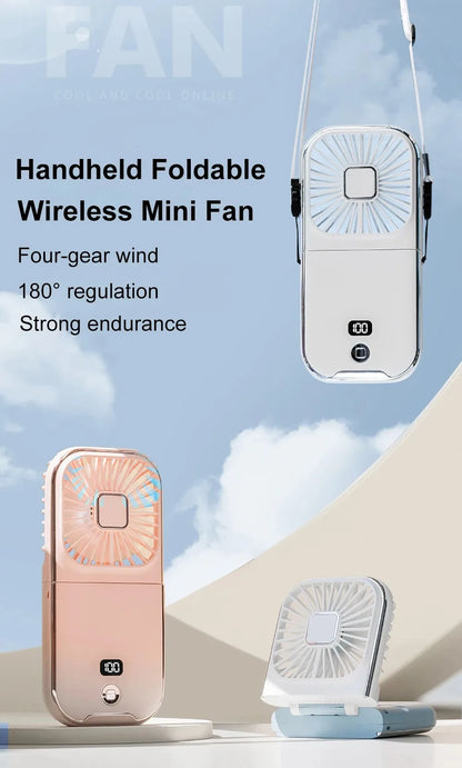 Folding handheld fan USB charging digital display outdoor mini neck hanging power bank fan，gift