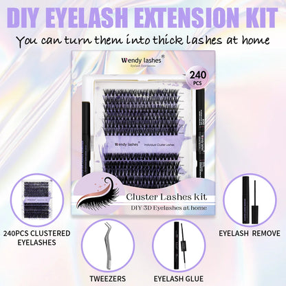 Wendy DIY Lash Extension Kit With 0.07 Thickness 280 PCS Lash Clusters Lash Bond And Seal Lash Glue Remover And Lash Tweezers
