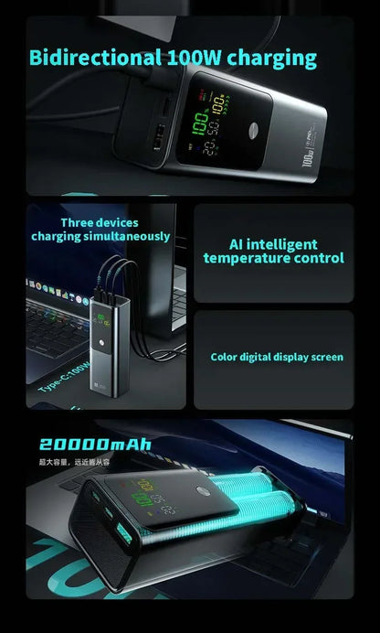 New PD100W Fast Charging Power Bank 20000mAh High Capacity Portable Charger External Spare Battery Laptop Powerbank for IPhone