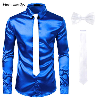 Black Mens Silk Dress Shirts 3Pcs(Shirt +Tie+Bowtie) Smooth Satin Shirt Men Slim Fit Party Prom Casual Shirts Men Social Camisa