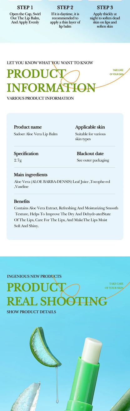 SADOER Lip Aloe Balm Nourishing, Hydrating and Moisturizing Preventing Cracking and Repairing Lips Gentle Non Irritating