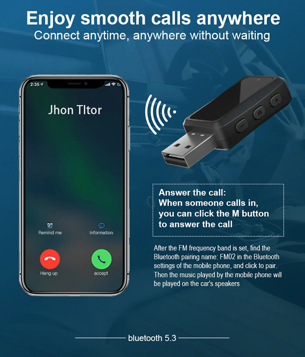 Car Bluetooth 5.3 FM02 Mini USB Transmitter Receiver with LED Display Handsfree Call Car Kit Auto Wireless Audio For Fm Radio