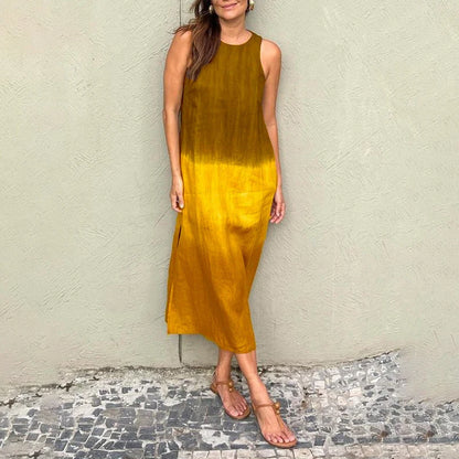 2024 Women Gradient Dress Split Sleeveless Maxi Dresses New Summer Casual Fashion Female High Street Vestidos