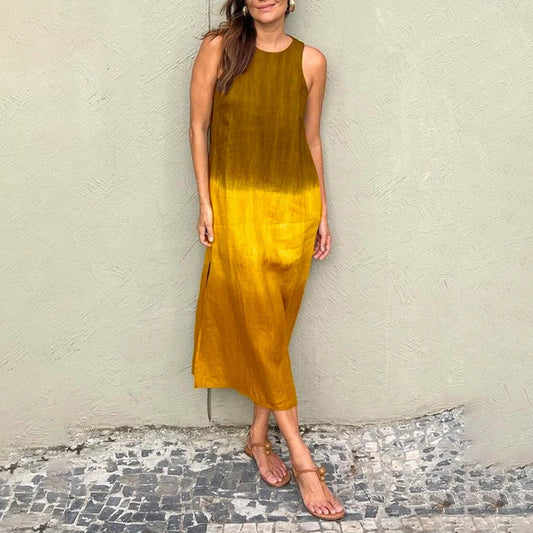 2024 Women Gradient Dress Split Sleeveless Maxi Dresses New Summer Casual Fashion Female High Street Vestidos