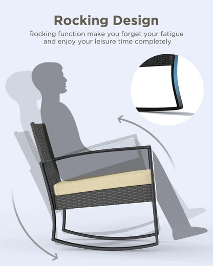 3 Pieces Patio Furniture Set Rocking Bistro Set Outdoor Rattan Conversation with Coffee Table for Garden Balcony Backyard