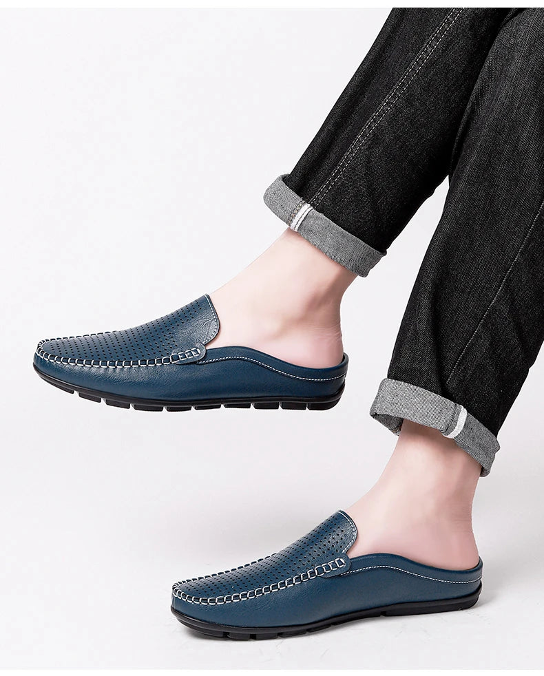 Closed Toe Half Shoes for Men Black Blue Mules Slippers Slip on Genuine Cowhide Leather Luxury Flat Sandals Man Summer 2025
