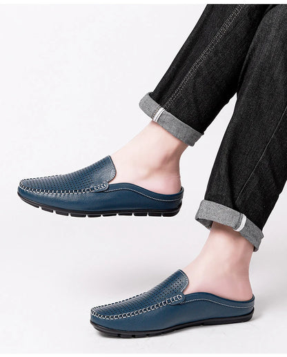 Closed Toe Half Shoes for Men Black Blue Mules Slippers Slip on Genuine Cowhide Leather Luxury Flat Sandals Man Summer 2025