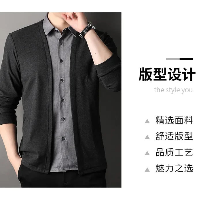 Men's Fake Two Piece Shirt Collar Knitted Cardigan Long Sleeve Shirt Man High Street Fake Two Pieces Button All-match Cardigan