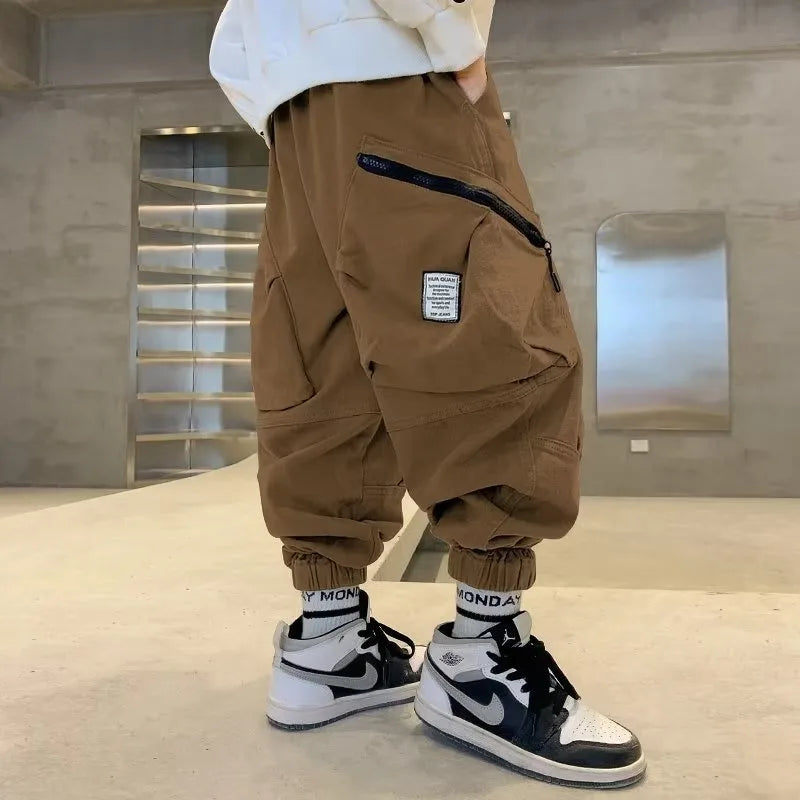 Boys Spring Autumn Children's Clothing Cargo Pants Children's Casual Large Size Sweatpants Boys Fashion Fake Zippers Cargo Pants