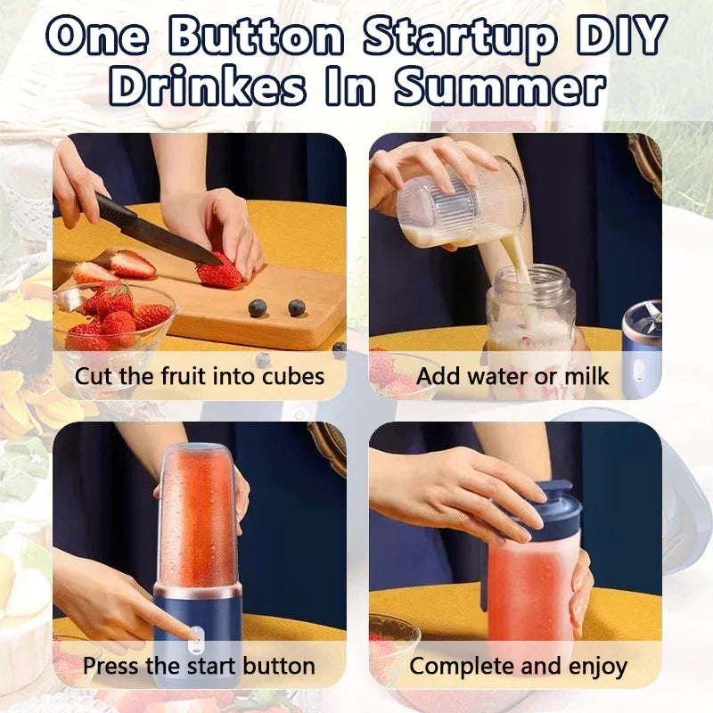 Multifunction 2 Cups Portable Fruit Juicer Blender 6 Blade Juice Mixer Mini Ice Blender USB Charging Wireless Juice Extractor