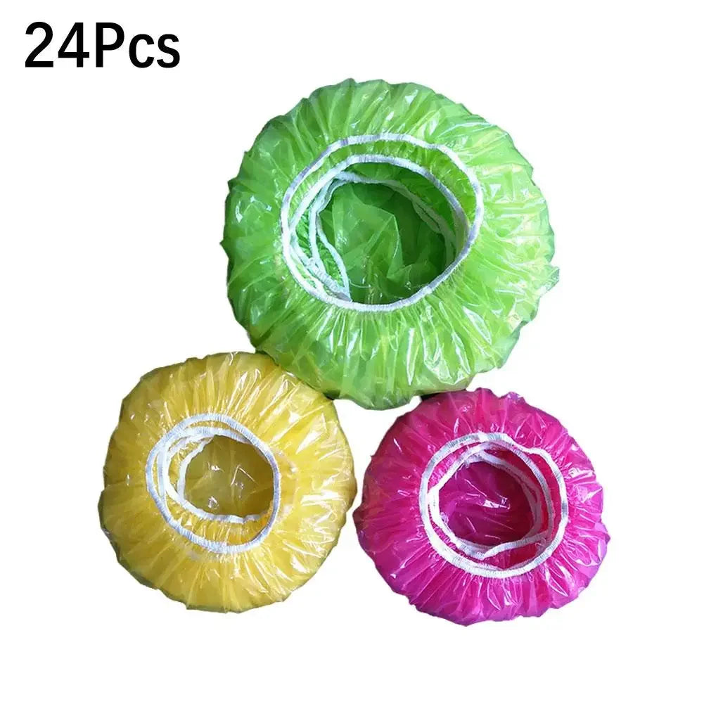 24Pcs Reusable Food Cover Plastic Wrap Elastic Food Lids For Fruit Bowls Cups Caps Storage Kitchen Fresh Keeping Saver Bags N8J9