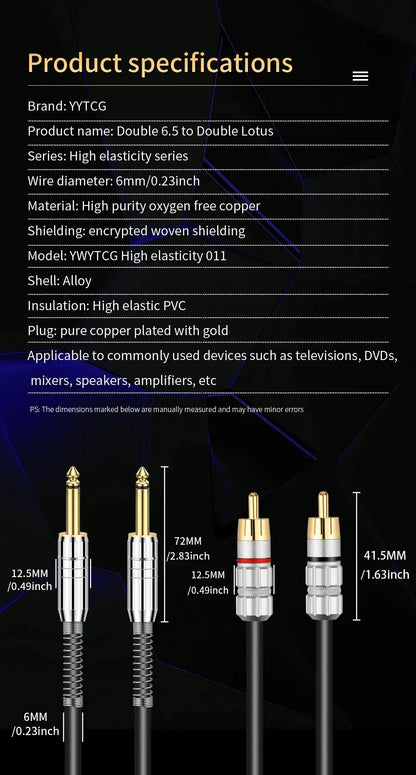 YYTCG 6.35mm Audio Line Cable Stereo Jack Male to 2 RCA Male Cable for PC DVD TV VCR MP3 Speakers Video Audio Cable Cord 1.5m 2m