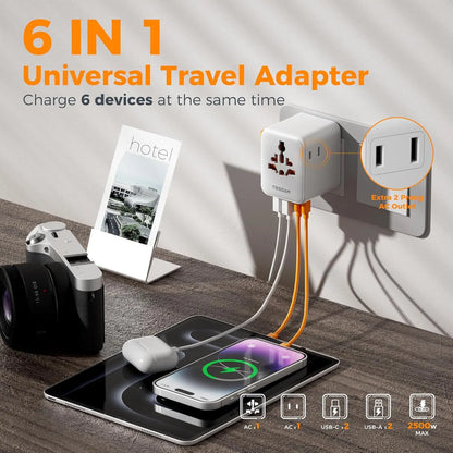 TESSAN Universal Travel Adapter with 2 USB 2 Type C Extra 2 Prong AC Outlet International Plug Adapter for US to EU UK AU Travel