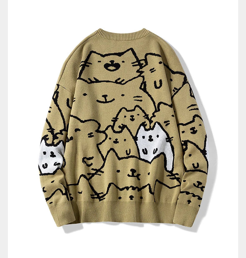Autumn Cotton Anime Sweaters Men Retro Harajuku Vintage Oversized Sweaters Loose Cute Cartoon Cat Pullovers Homme Men Clothing