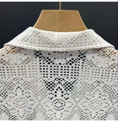 Vintage Ice Silk Lace Shirts For Men Sexy Lace Breathable Hollow Out Tops Summer Fashion Cuban Collar Short Sleeved Shirt Male