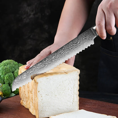 Damascus Bread Knife Professional Japanese VG10 Steel Bread Cutting Knife Serrated Cake Knife Bread Cutter for Crusty Bread