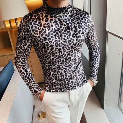 Mens T-shirt Long Sleeve Leopard Print Stretch Skinny Gym Shirt High Neck Base Shirt for Men