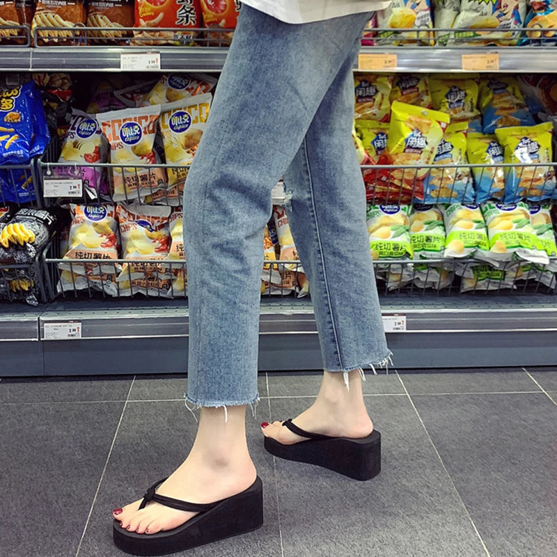 Flip-flops For Women Summer Fashion Casual Outer Wear High-heeled Flip-flops Ins Trendy Non-slip Slope Heel Seaside Beach Sandal
