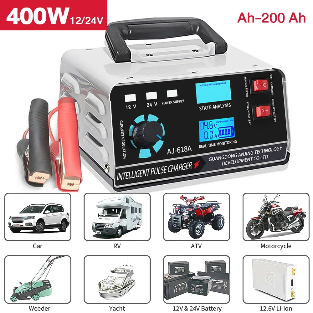 Metal Car Battery Charger 12V24V 400W Full Automatic Car Battery Charger Repair Battery Charger High Power Fast Charger