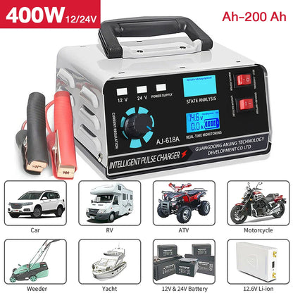 Metal Car Battery Charger 12V24V 400W Full Automatic Car Battery Charger Repair Battery Charger High Power Fast Charger