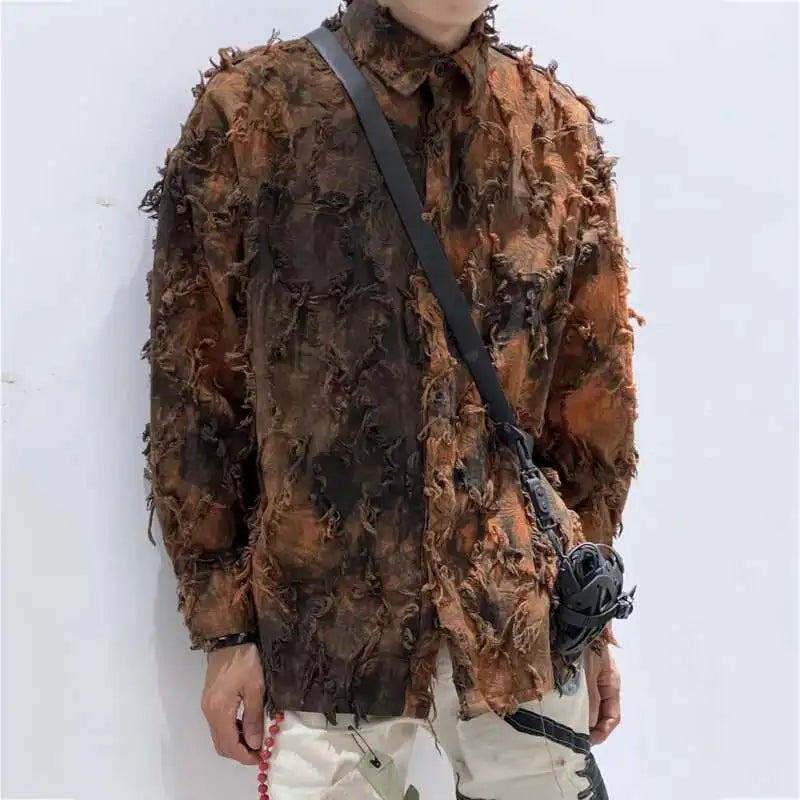 PFHQ Tie Dye Patchwork Shirts Men's Turn-down Collar Long Sleeve Tops Personalized Single Breasted Tassel Male Clothing 21Z9142