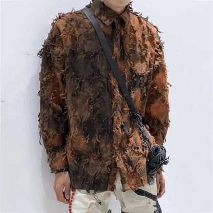 PFHQ Tie Dye Patchwork Shirts Men's Turn-down Collar Long Sleeve Tops Personalized Single Breasted Tassel Male Clothing 21Z9142