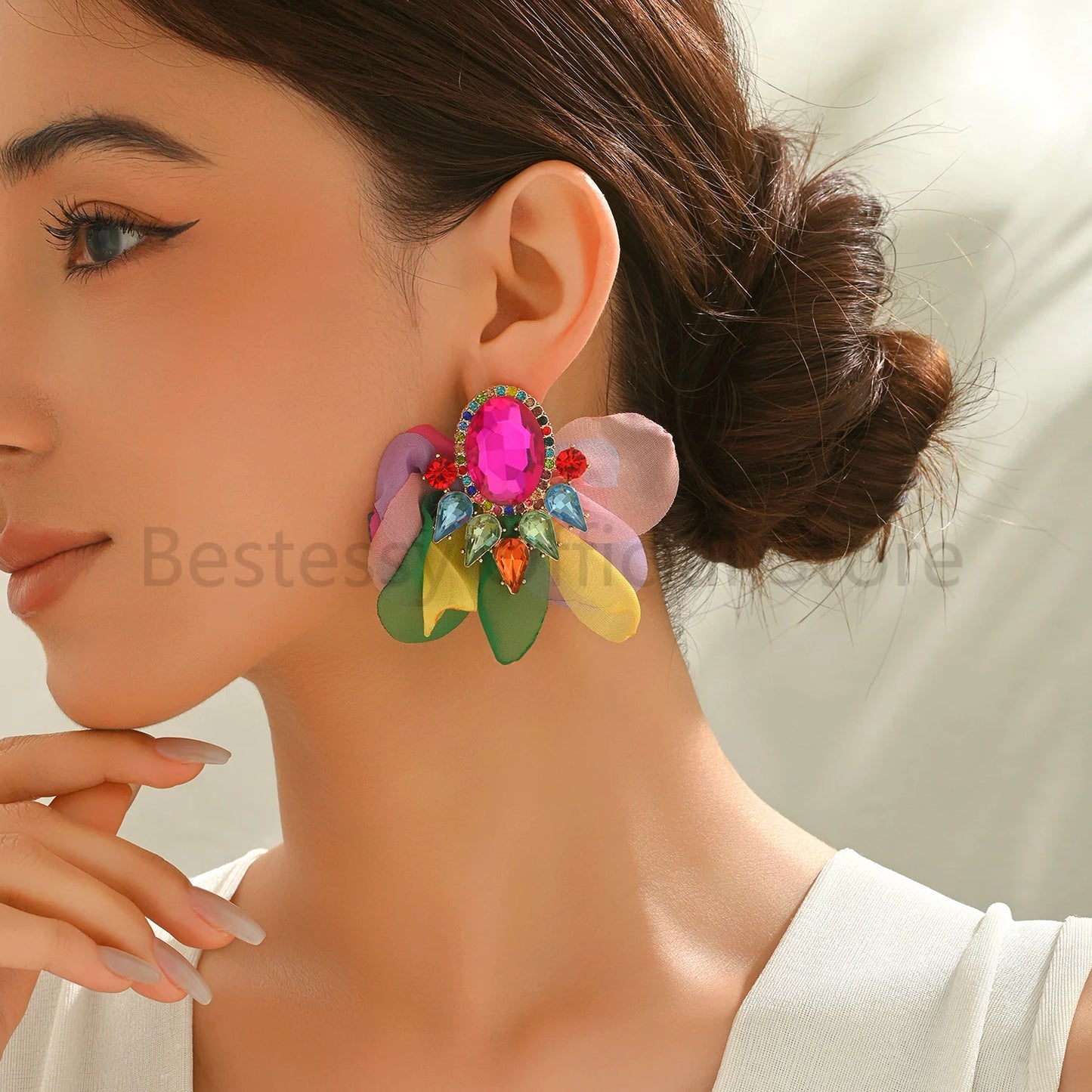 Bohemian Fabric Flower Earrings for Women Imitation Gemstone Floral Large Earrings Party Prom Beach Vacation Jewelry Accessories