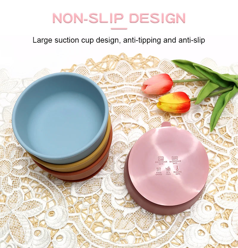 Food Grade Silicone Baby Feeding Bowls with Lid Anti-fall Strong Suction Dining Bowl for Toddler Kid Training Tableware BPA Free