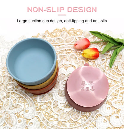 Food Grade Silicone Baby Feeding Bowls with Lid Anti-fall Strong Suction Dining Bowl for Toddler Kid Training Tableware BPA Free