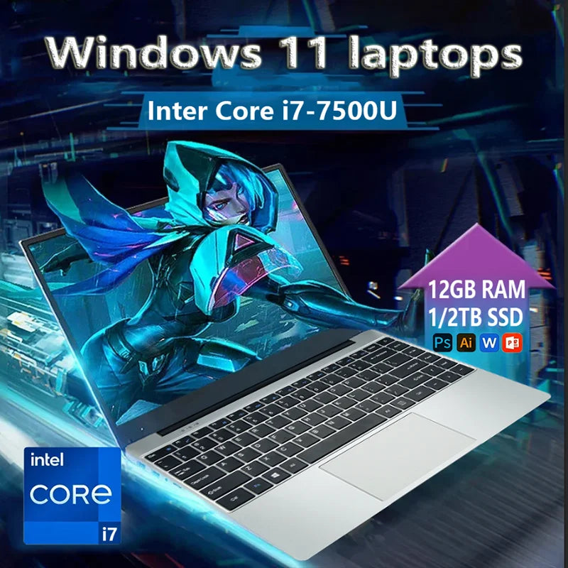 14.1" New Ultra Slim Laptop Computer Portable Windows 11 Intel Core i7-7500U Notebook 12GB RAM 1TB 2TB SSD Office Study Laptops