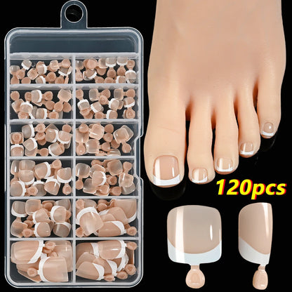 120Pcs French Short Square Artificial Press On Toenails Nude Pink Full Cover False Toe Nails Fake Toe Nail Extension For Women