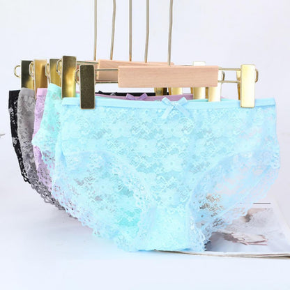 Women Panties Mid Waist Breathable Stretch Hollow Bowknot Soft See-through Lace Sexy Ladies Briefs Underpants Underwear