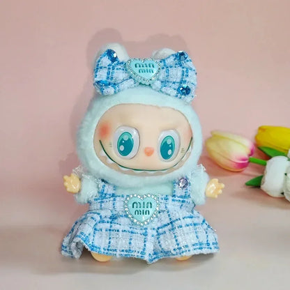 Labubu Sitting Party Outfit V1 V2 Doll Clothes Classic Grid Dress with Fragrance Kids Gift Set