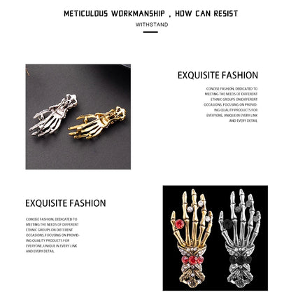 Skull Palm Inlaid Rhinestone Brooch for Men Gothic Fashion Retro Brooches Pin Halloween Day Jewelry Party Boyfriends Gift