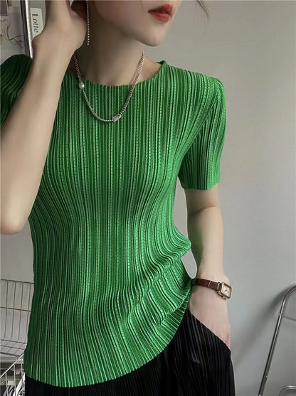 Woman Clothing  Top Women Miyake Pleated Short-sleeved Female Summer Thin Elastic Round Neck Joker Slim Pleated Hollow T-shirt