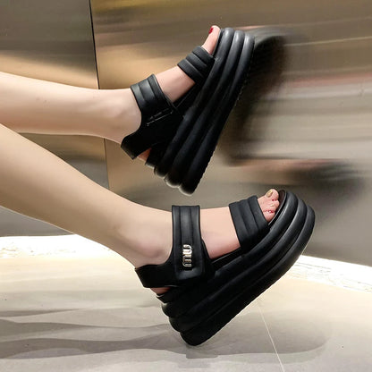 2025 Summer Women Chunky Sandals Leather High Platform Trainers Breathable Casual Slippers Shoes Woman 8.5CM Heels Wedge Sneaker