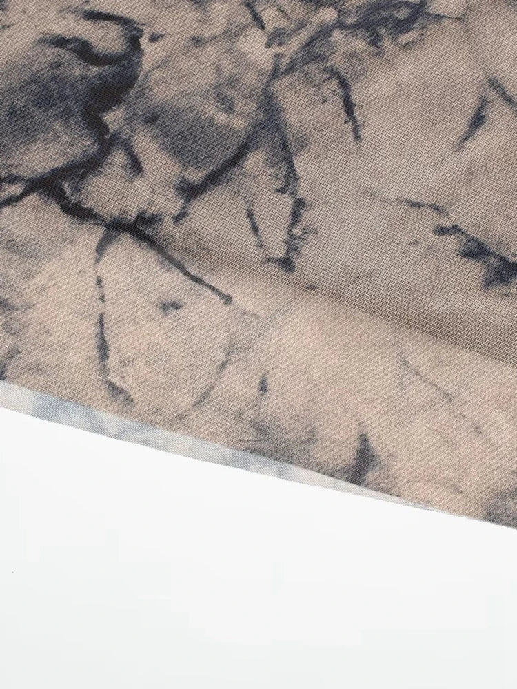 Tangada 2024 Women Print Pleated Mesh Dress Long Sleeve Sexy Famle Stand Collar Maxi Dresses 3H406