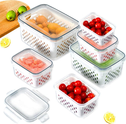 Fridge Food Storage Container Set with Lids with Strainer,Plastic Fresh Produce Saver Vegetable Fruit Meat Organizer