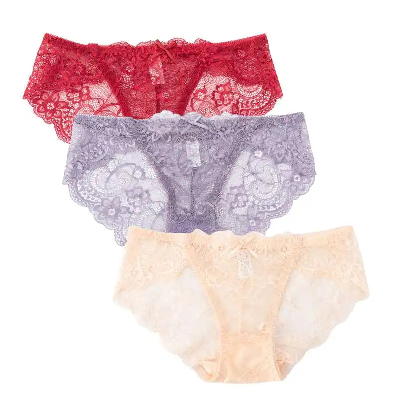 3PCS Hollow Out See Through Underpants Comfortable Briefs Sexy Ladies Lace Transparent Panties Low-Rise Lingerie