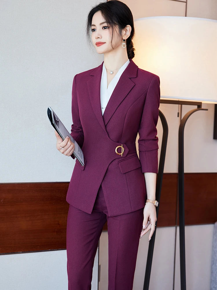 Office Ladies Pant Suit Women Black Blue Wine Female Business Work Wear Jacket Blazer and Trouser Formal 2 Piece Set