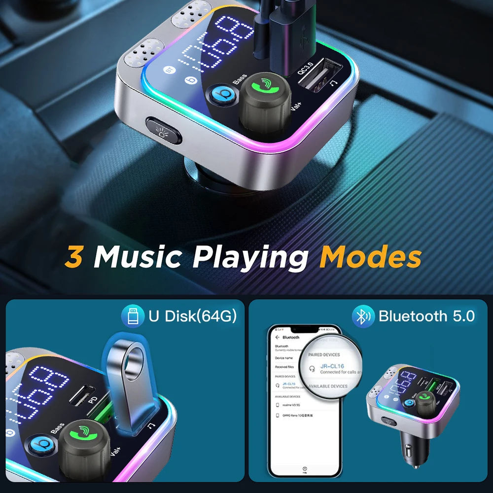 Bluetooth 5.0 FM Transmitter For Car FM/AUX Bluetooth Car Adapter Car Charger Bass Boost 3 Ports Charger Bluetooth Adapter