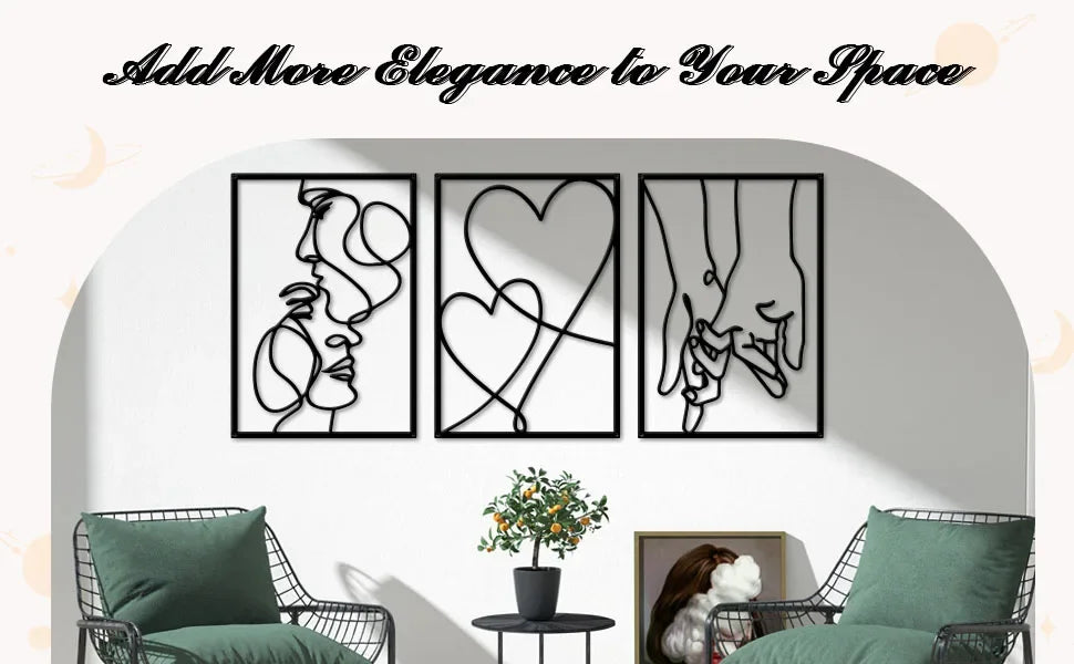 Metal Minimalist Line Wall Art - Valentine's Day Lover Kiss Hand Design, Aesthetic Modern Home Décor, Stylish Hanging Art
