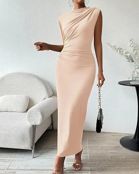 Women's Ruched Bodycon Dress Summer Casual Sleeveless Back Slit Elegant Club Evening Party Cocktail Maxi Dresses