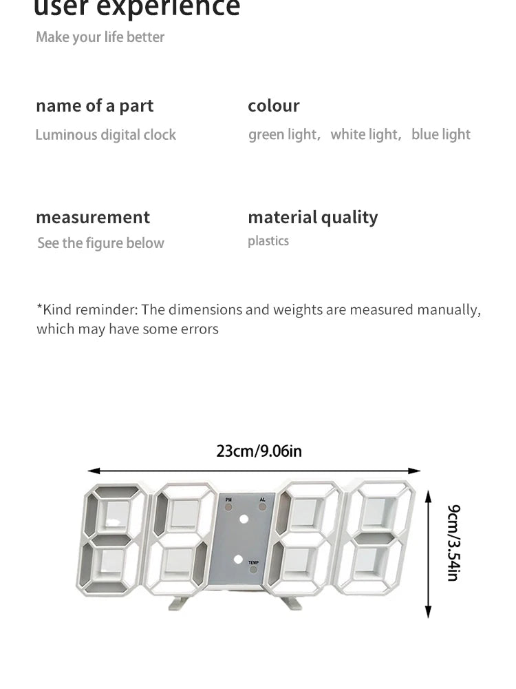 3D Digital Silent Clock Luminous Desktop Alarm Clock Digital Wall Clock Simple Clock Ornament