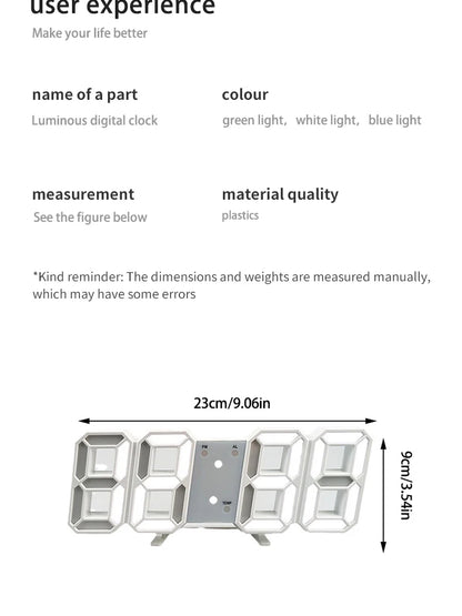 3D Digital Silent Clock Luminous Desktop Alarm Clock Digital Wall Clock Simple Clock Ornament