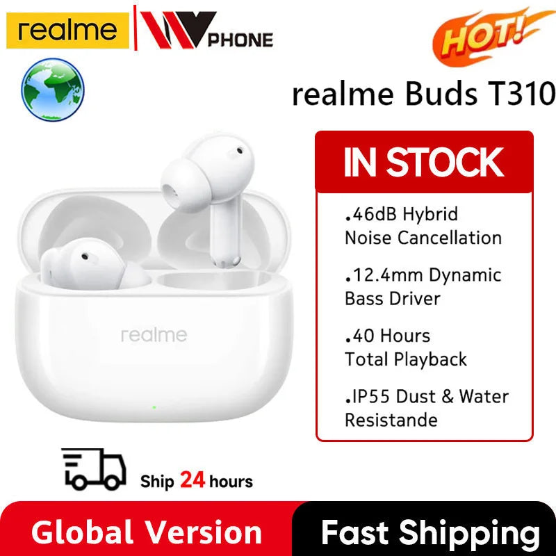 Global Version realme Buds T310 True Wireless Earphone 46dB Active Noise Cancelling TWS Earphone Bluetooth 5.4 For realme phone