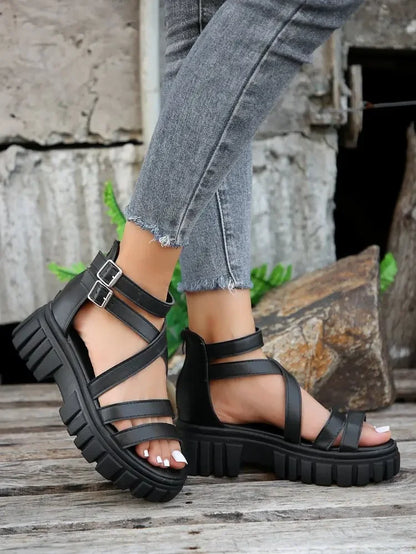 Chunky High Heels Roman Sandals for Women 2024 Summer Ankle Strap Plarform Sandals Woman Strap Thick Heeled Party Shoes